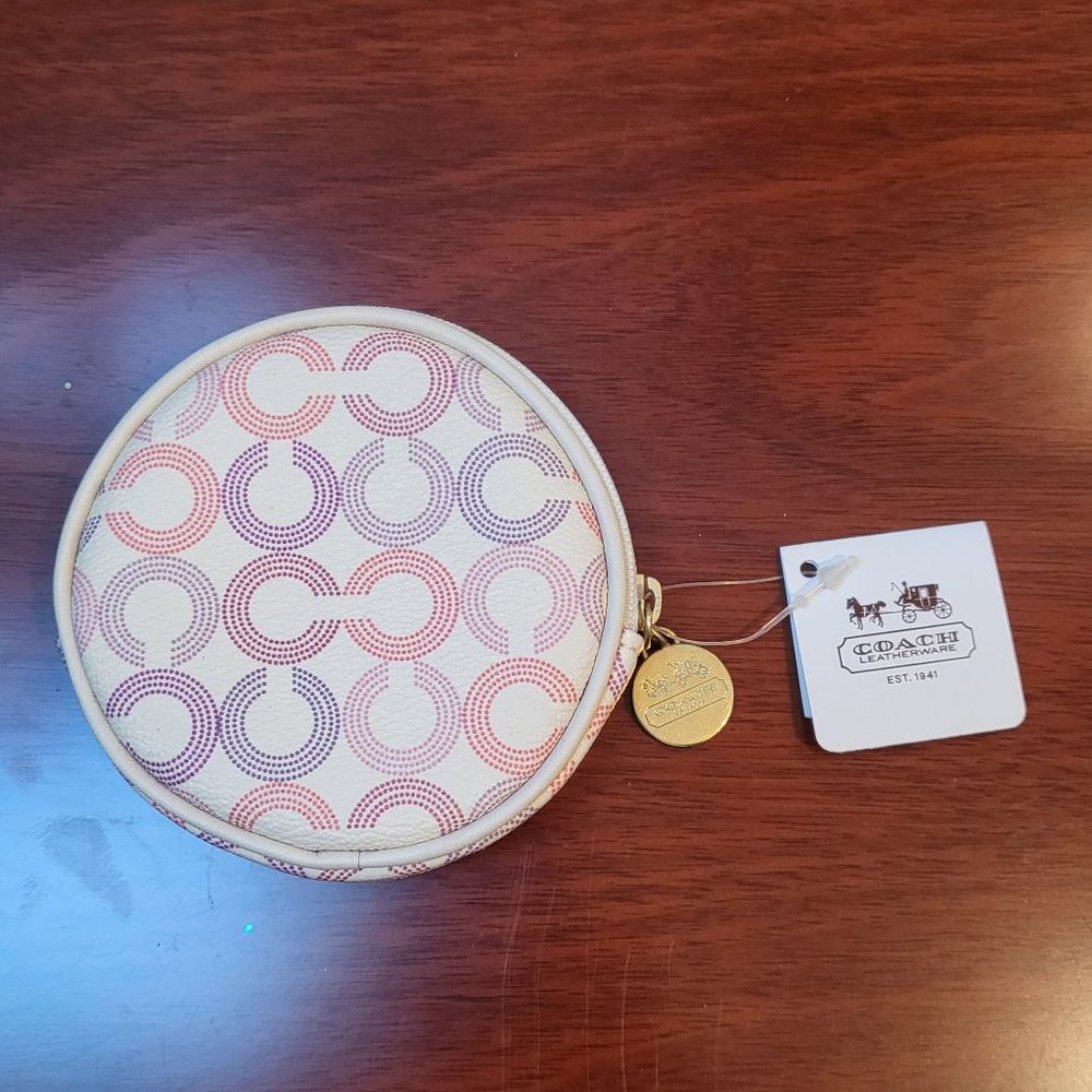 Coach Round Double C Monogram White Leather Coin Purse Pouch